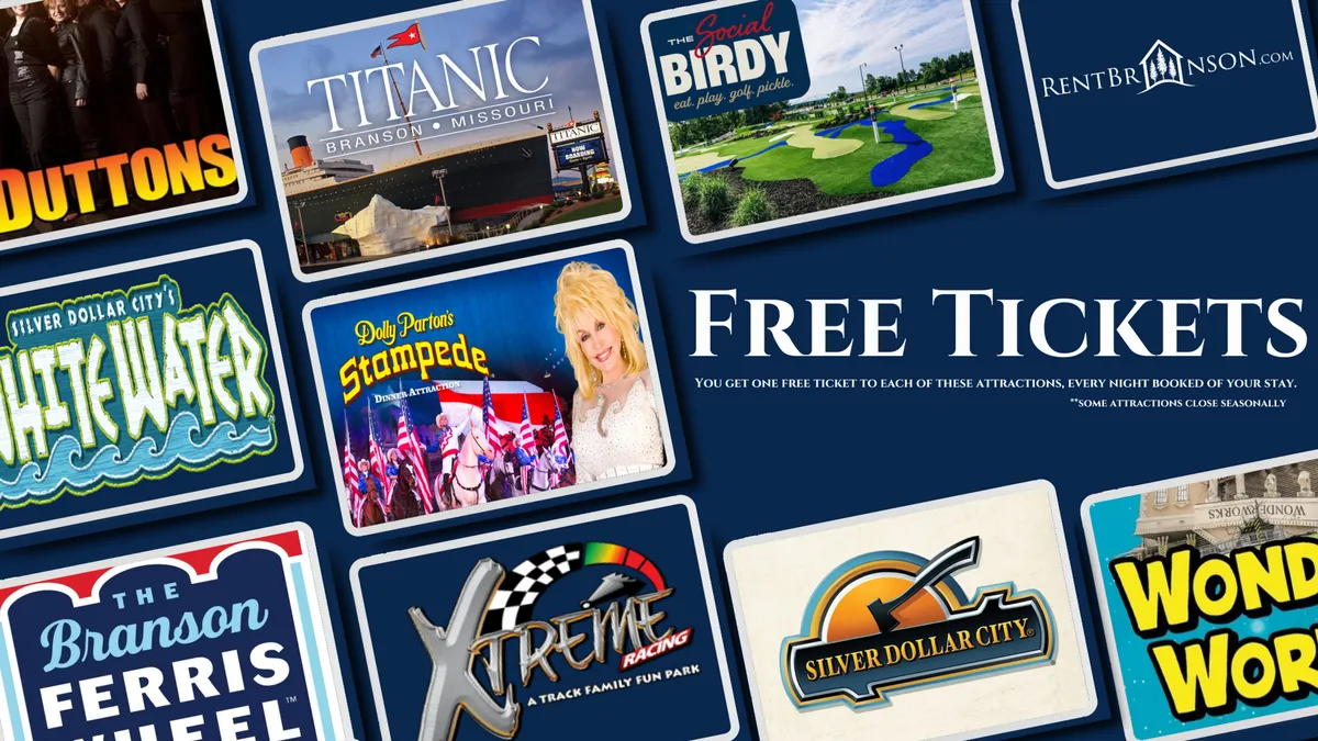 A vibrant interior photo featuring colorful graphics and logos of Branson's top attractions, including Silver Dollar City, the Duttons, and White Water. Prominent text advertises free tickets and family entertainment options.
